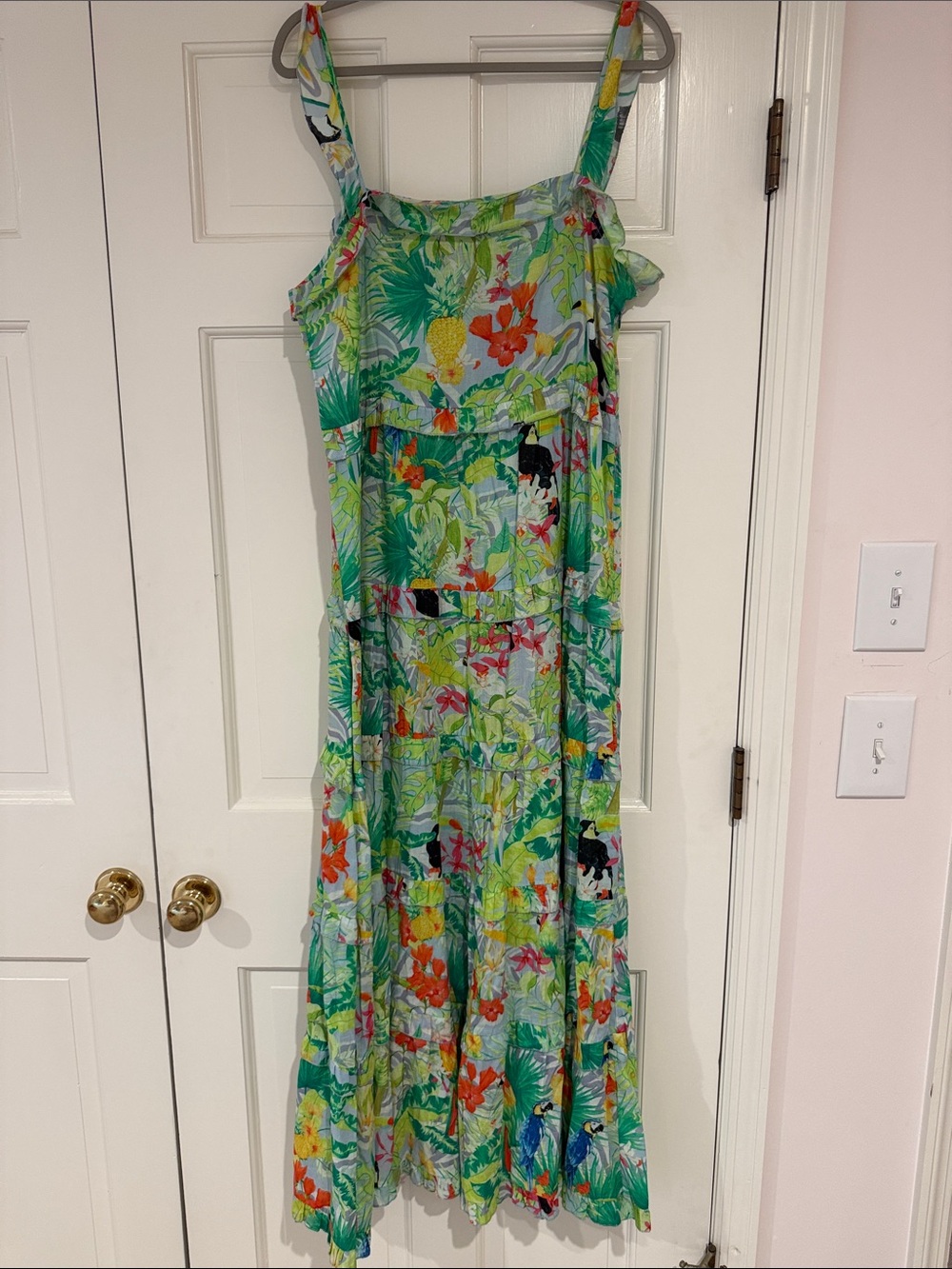 Green Tropical Floral Maxi Dress with Adjustable Straps